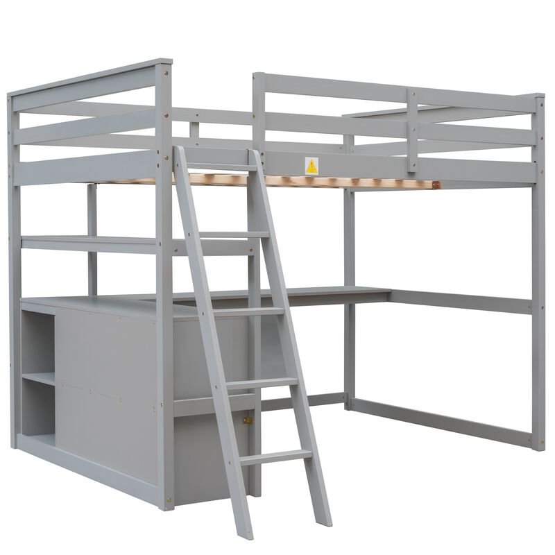 Whisen Full Size Wood Loft Bed with Desk, Shelves and Two Built-in Drawers - Gray