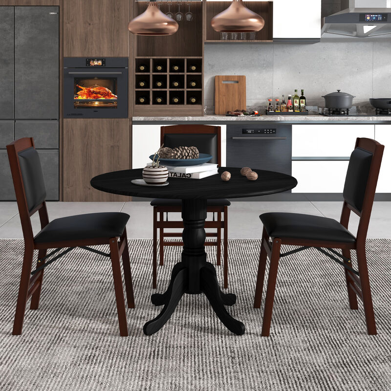 Wooden Dining Table with Round Tabletop and Curved Trestle Legs.