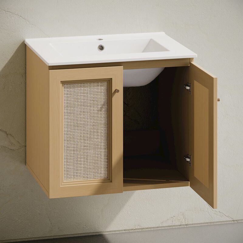 24" Wall-Mounted Bathroom Vanity in Natural Oak, Single Faucet Hole Vanity Top image number 8