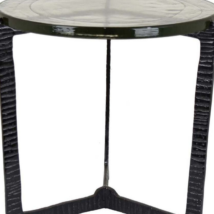 Lune 19 Inch Plant Stand Table, 3 Legged Metal Base, Glass, Black Finish - Benzara