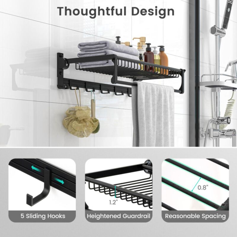 Hivvago Wall Mounted Towel Shelf with Adjustable Towel Bar and Movable Hooks No Assembly Required