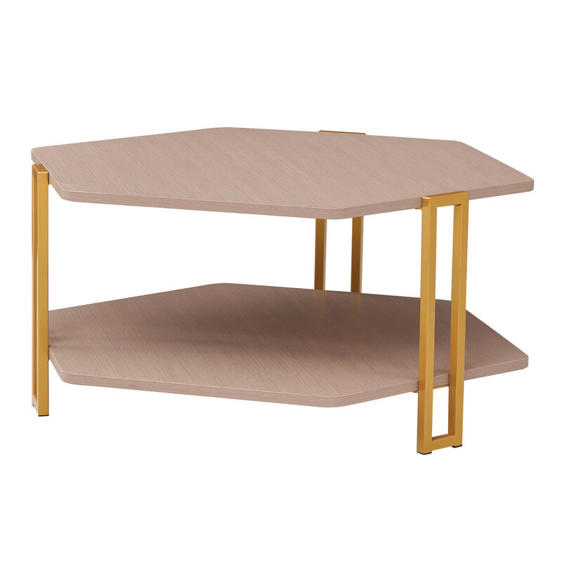 36 Inch Hexagonal Modern Coffee Table, Wood Top and Shelf, Gold Metal Legs-Benzara image number 1