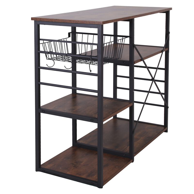 Wood and Metal Bakers Rack with 4 Shelves and Wire Basket, Brown and Black-Benzara