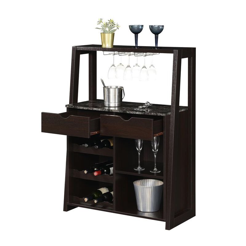 Convenience Concepts Uptown Wine Bar With Cabinet, Faux Black Marble/Espresso