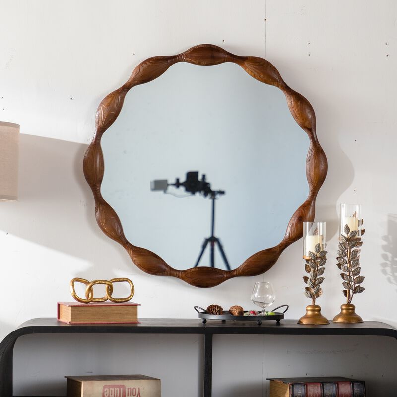 32.28"Solid Wood Round Mirror, Rustic Farmhouse Wavy Irregular Decorative Wall Mirror-Large Circle Wood Frame Mirror image number 1