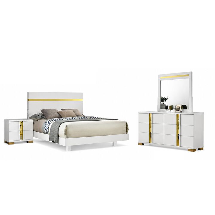 Yoki 4pc Queen Bedroom Set w Underbed LED, White Wood and Gold Accents