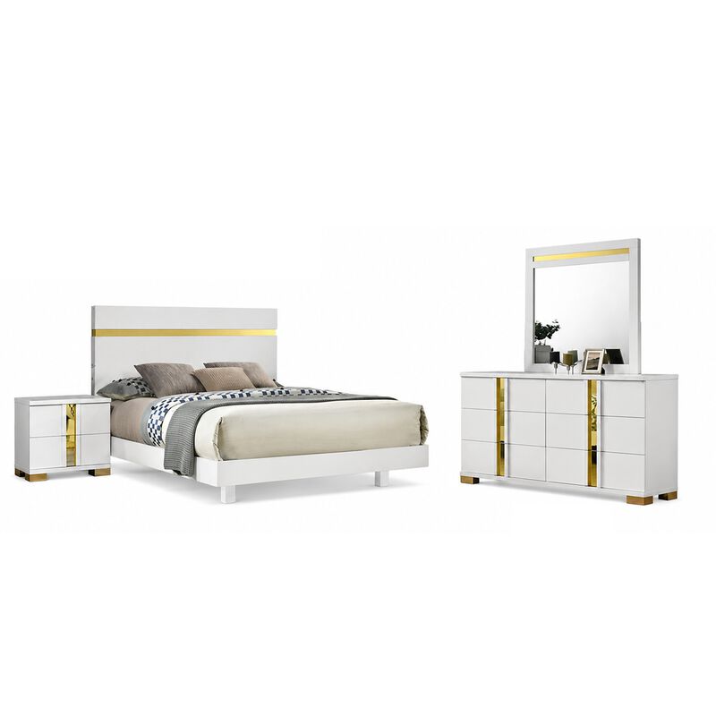 Yoki 4pc Queen Bedroom Set w Underbed LED, White Wood and Gold Accents image number 0