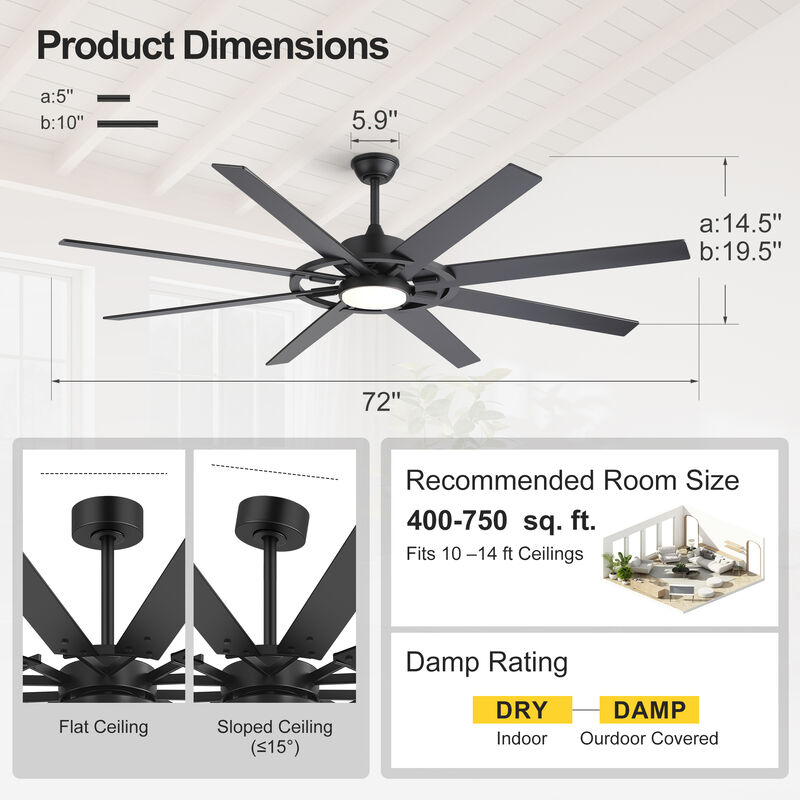 Breezary 72" LED Ceiling Fan with Light, 8 Blade, 6 Speed Reversible, High Airflow Indoor Fan image number 5