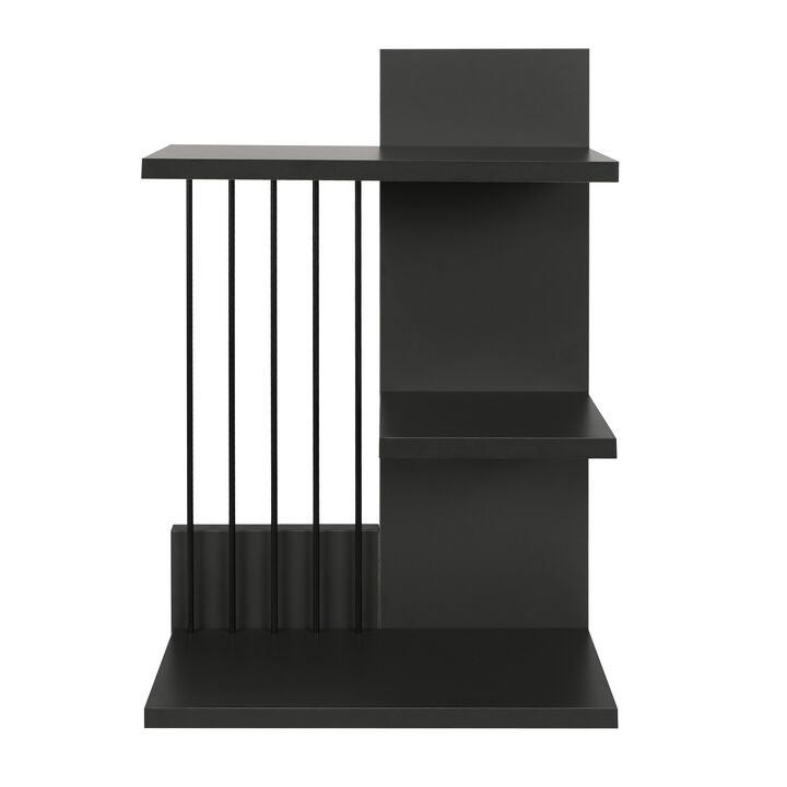 16 Inch 3 Tier Rectangular Wood Floating Wall Mount Shelf with Vertical Bars Accent, Charcoal Gray-Benzara