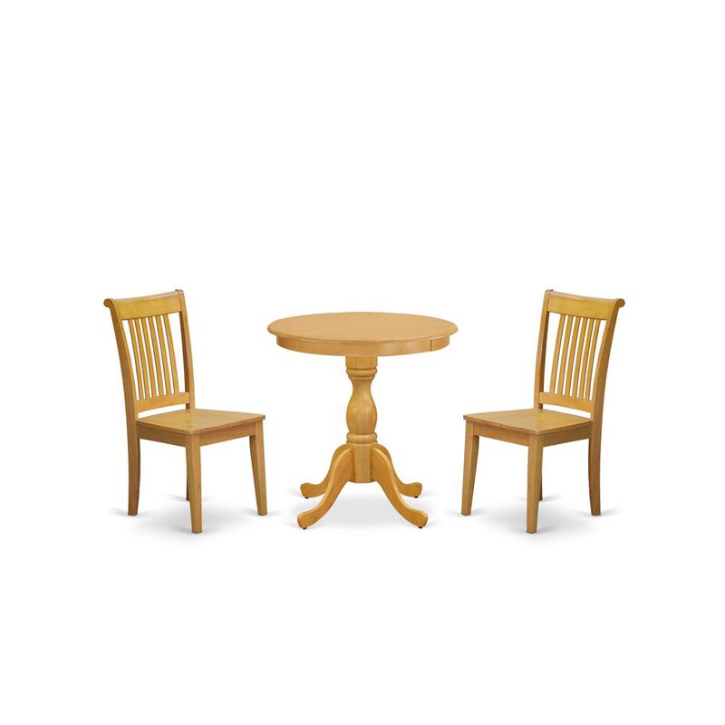 East West Furniture - ESPO3-OAK-W - 3-Pc Modern Dining Room Table Set - 2 Wooden Dining Room Chairs and 1 Wood Dining Table (Oak Finish)