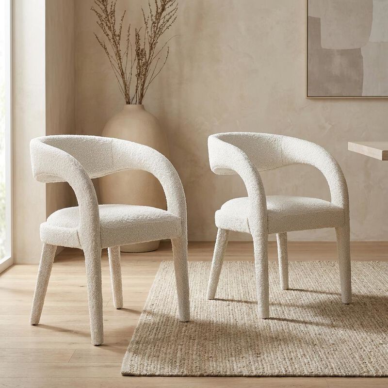 Boucle Upholstered Dining Chairs with Arms for Dining Room, Ivory, Set of 2 image number 5