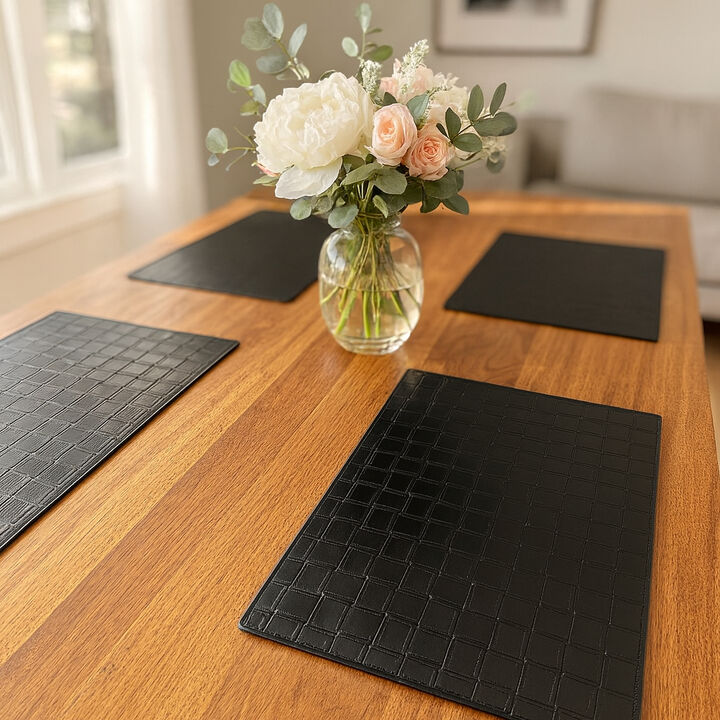 HomeRoots 18" Set of Four Black Basketweave Faux Leather Placemats