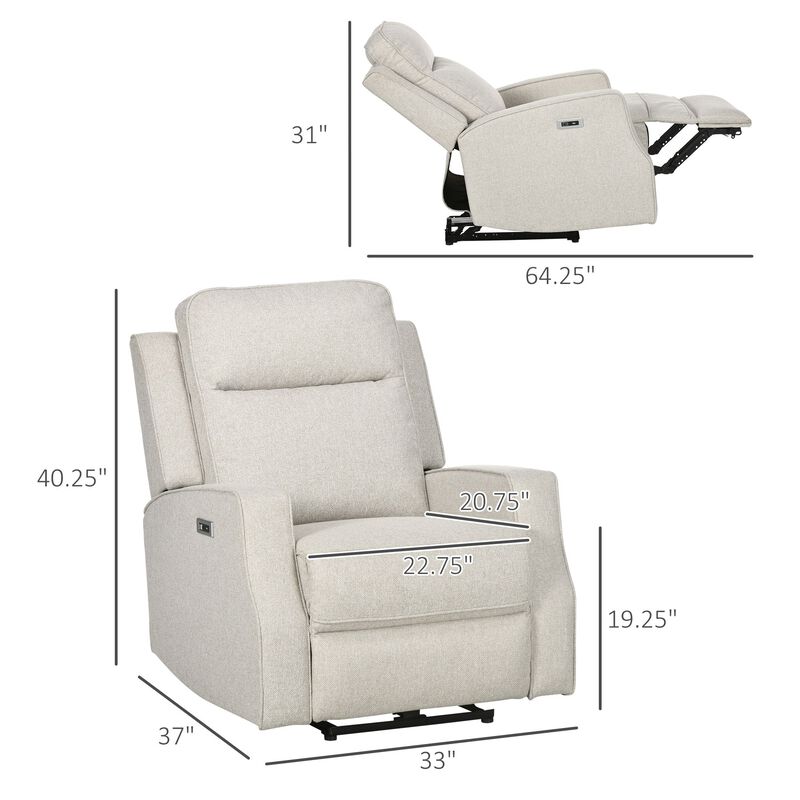Cream White Lounger: Electric Power Recliner with USB Charging Station