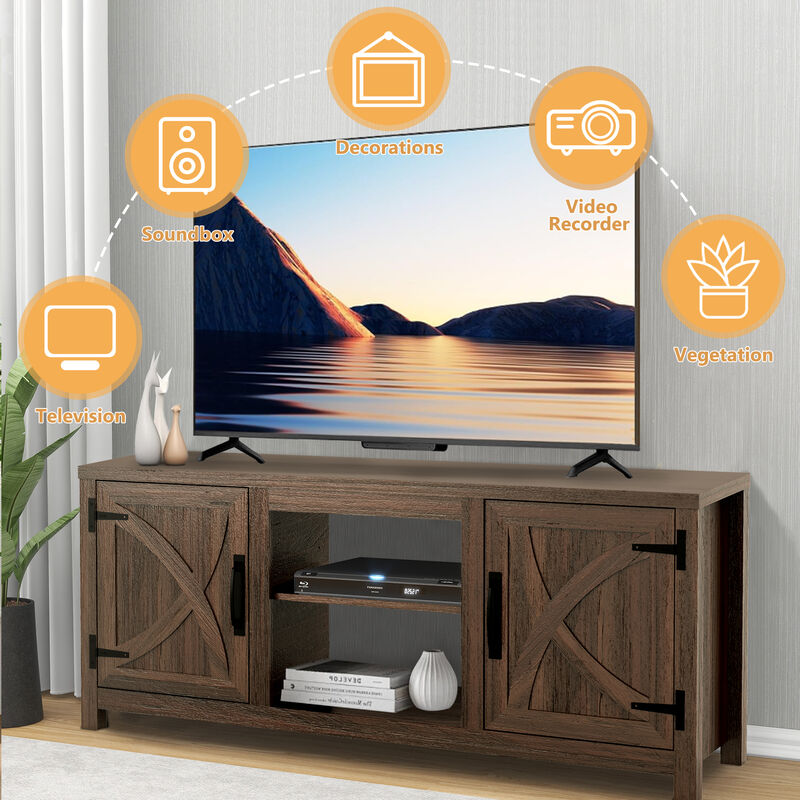 58" Farmhouse TV Stand with Open Storage Shelves and Cabinets for TV up to 65"