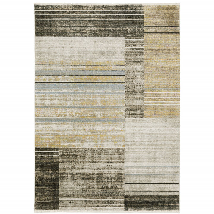 4 X 6 Beige charcoal Brown grey Tan gold And Blue geometric Power Loom Stain Resistant Area Rug With Fringe