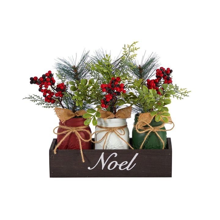 Nearly Natural 12-in Holiday Winter Pine and Berries Three Piece Mason Jar “Noel-in Table Christmas Artificial Arrangement Décor