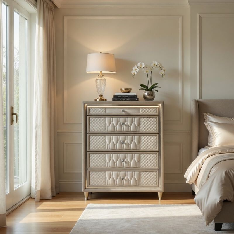 Maren Tall Dresser Chest, 5 Drawers and LED Light, Ivory Tufted Velvet image number 1