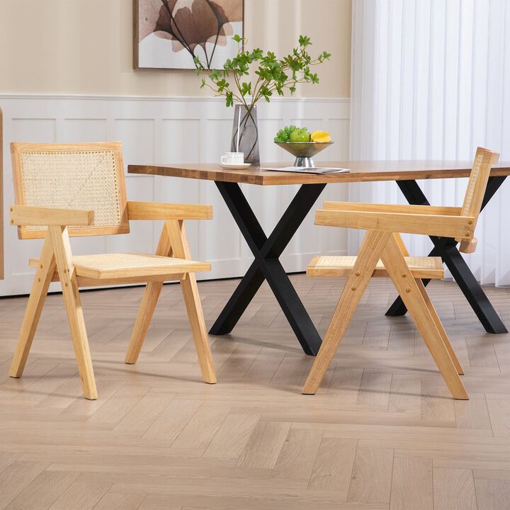 Glamour Home Set of 2 Bardot Natural Wooden Dining Chair with Rattan Back