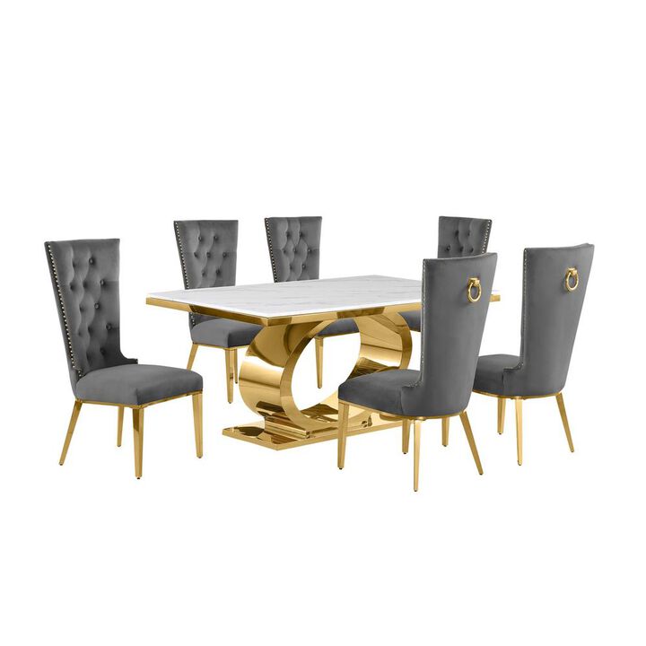 7pc Small(86") marble top dining set with gold base and 6 Dark grey side chairs