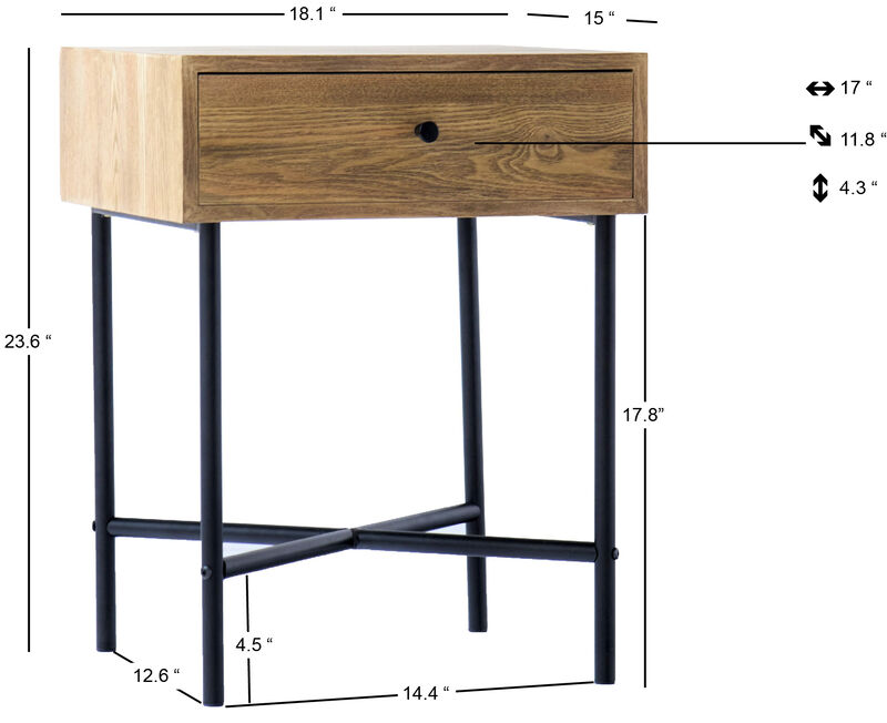 Bedside Table Night Stand in Wood and Metal