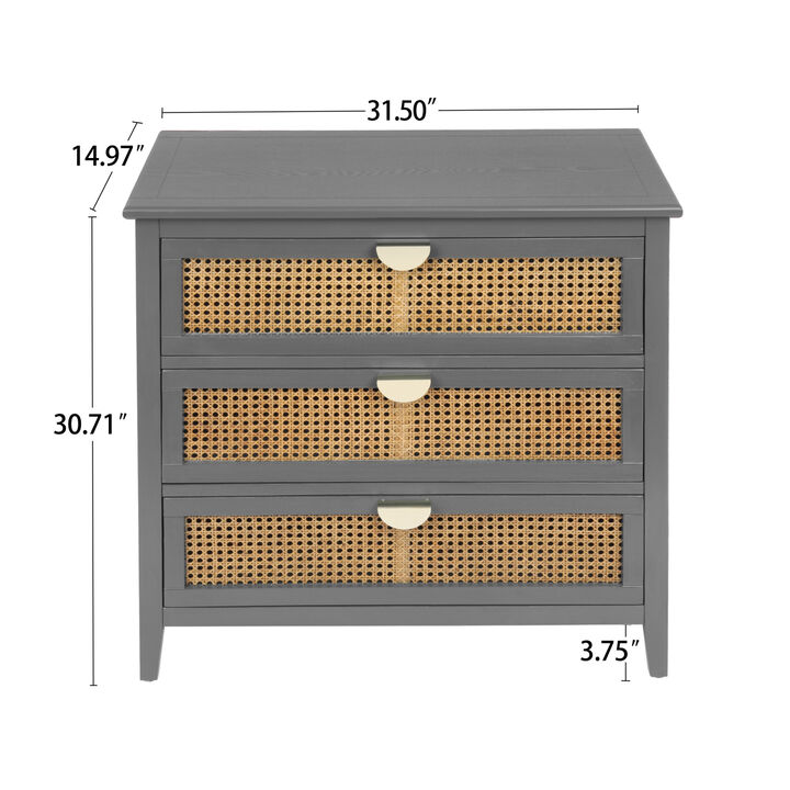 3 Drawer Cabinet, Natural rattan, American Furniture, Suitable for bedroom, living room, study