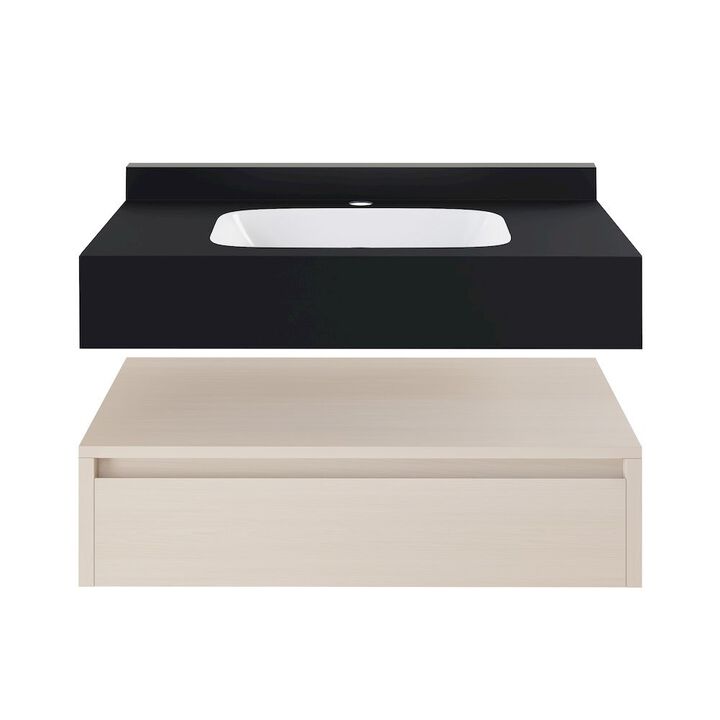 Avancer 36" Wall-Mounted Bathroom Vanity in White Oak with Black Marble Sink Top