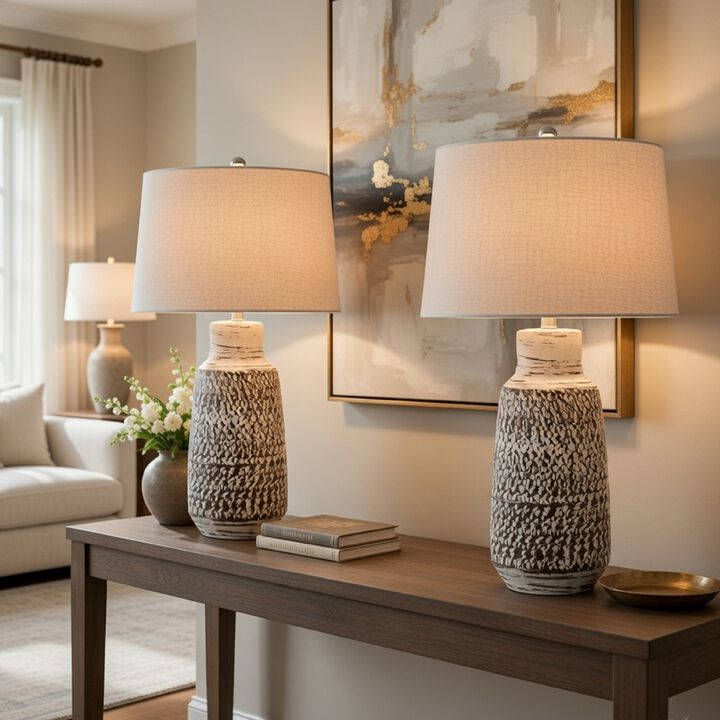 Bora Table Lamp Set of 2, Burlap Shade, Brown Ceramic, Distressed White