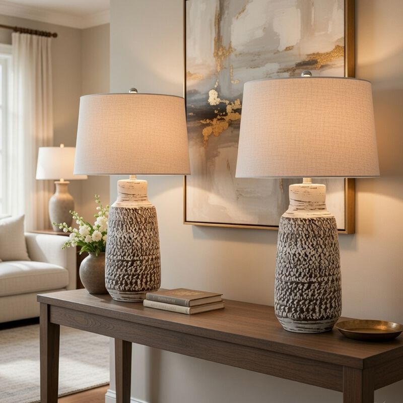 Bora Table Lamp Set of 2, Burlap Shade, Brown Ceramic, Distressed White image number 1