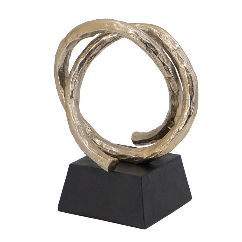 10 Inch Modern Table Sculpture, Bright Gold Aluminum, Intertwined Ring Loop - Benzara