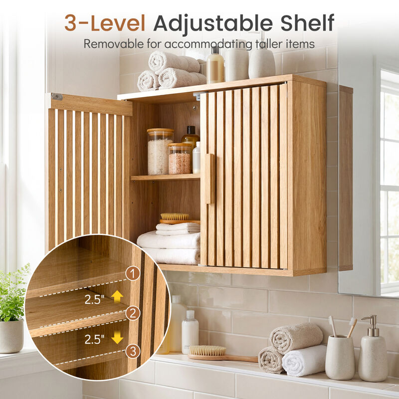 Wall Mounted Bathroom Cabinet with 2 Slatted Doors and Adjustable Shelves-Natural image number 3