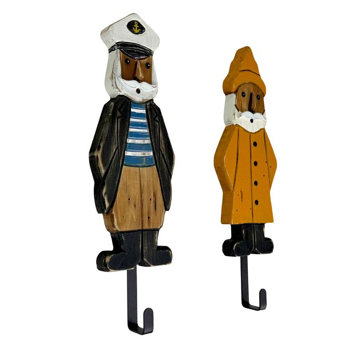 Set Of 2 Nautical Sailor Captain Fisherman Wall Hooks, Wood & Metal 1475 In