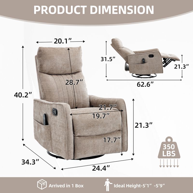 360&deg; Swivel Rocker Manual Recliner Chair with Heat and Massage, Upholstered Chenille Reclining Chair for Living Room image number 8
