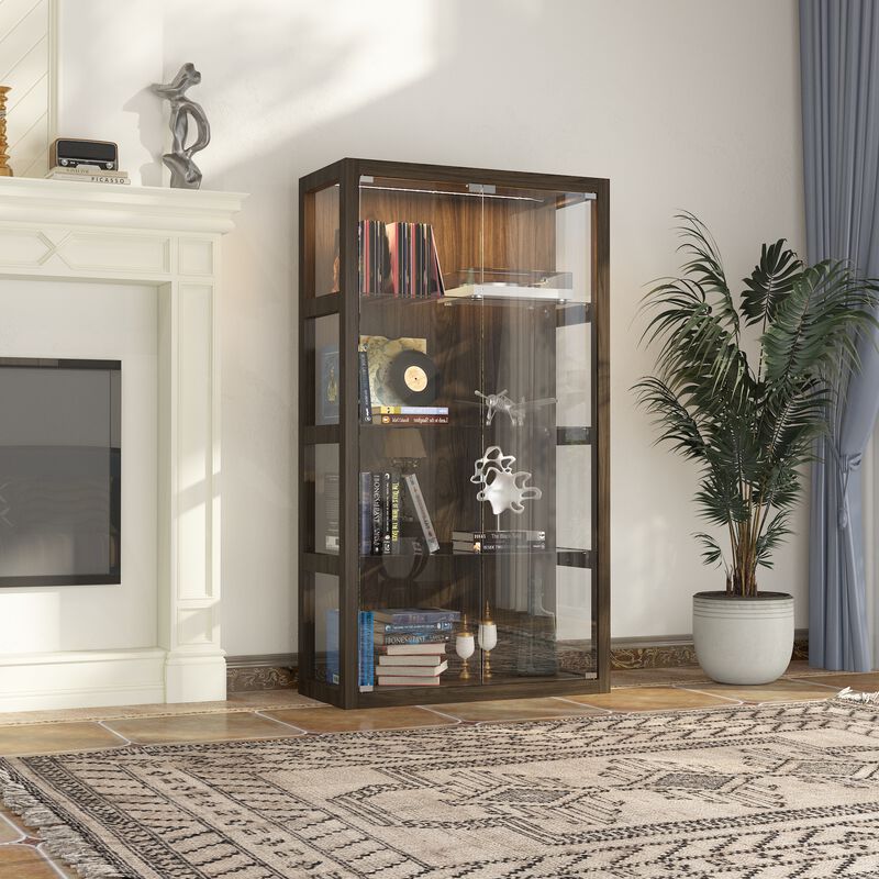 FUFU&GAGA Walnut Grain Glass Display Cabinet with Adjustable Tricolor LED Light, 4 Tempered Glass Shelves, Push-to-Open Door - 34.8" W x 15.7" D x 63" H, Walnut Brown