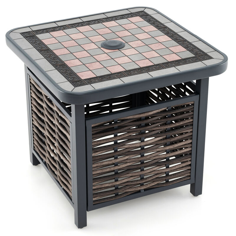 Outdoor PE Rattan Side Table Square End Table with Umbrella Hole