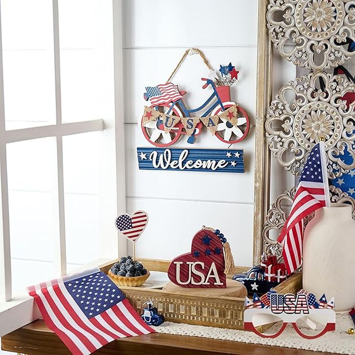 Americana Bike Wooden Patriotic Wreath Red White Blue Indoor Outdoor Decor