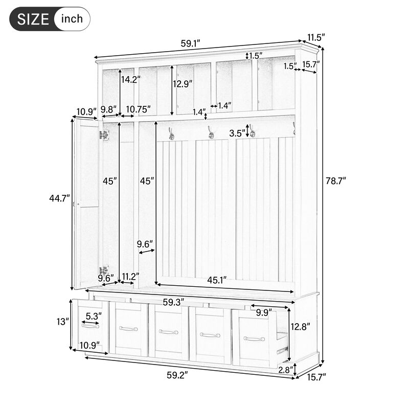Merax 4-in-1 Entryway Hall Tree with Storage Bench, Hanging Hooks, Open Cubbies & Drawers image number 3