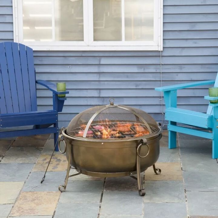 Hivvago Large Wood Burning Fire Pit Cauldron Style Steel Bowl w/ BBQ Grill, Log Poker, and Mesh Screen Lid