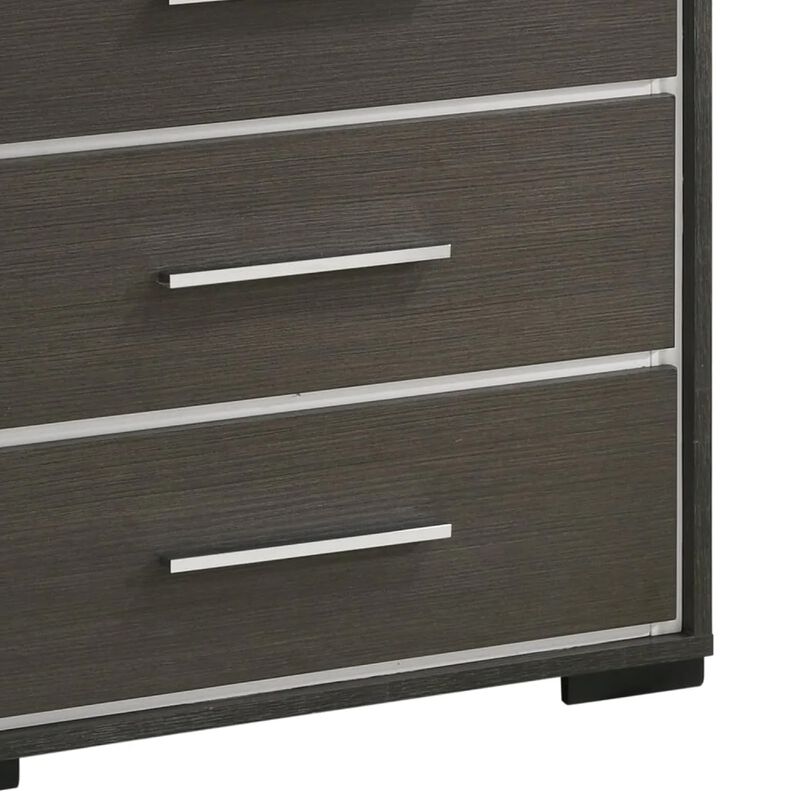 Hez Tall Dresser Chest, 5 Drawers, Silver Trim, Modern Dark Brown Finish