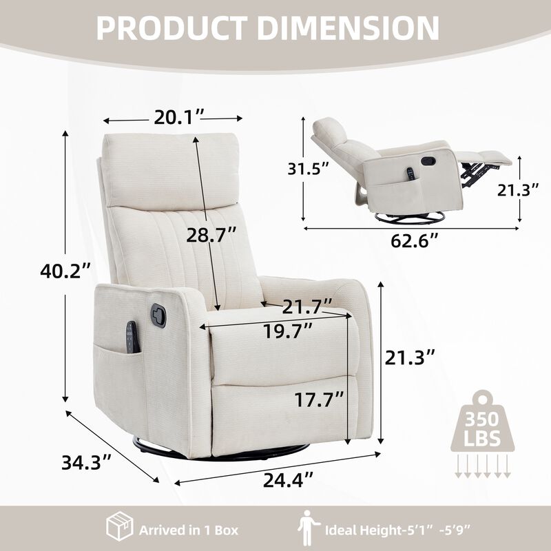 360&deg; Swivel Rocker Manual Recliner Chair with Heat and Massage, Upholstered Chenille Reclining Chair for Living Room image number 8