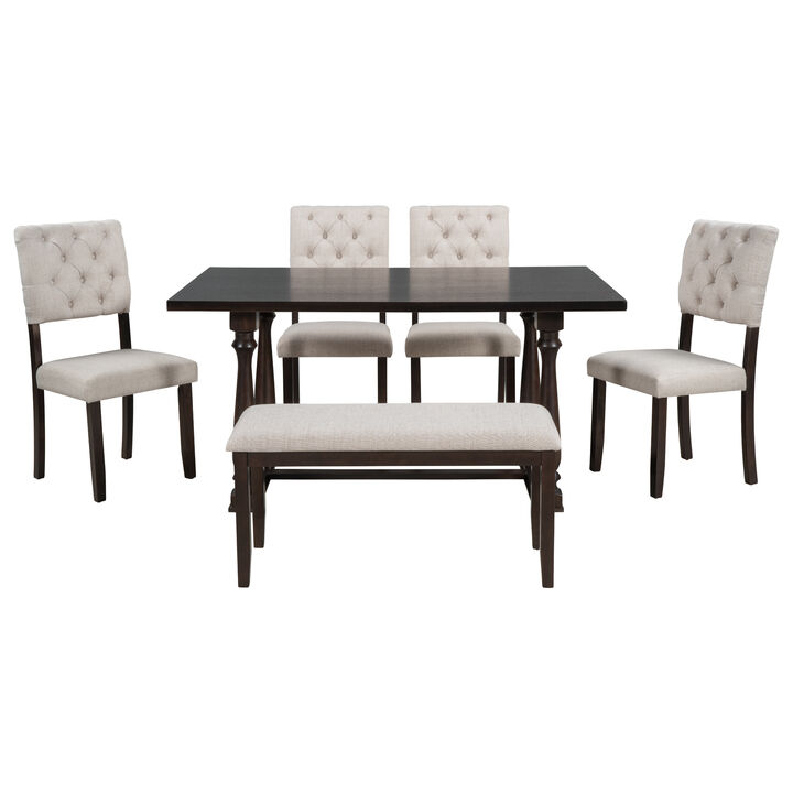 Whisen 6-Piece Dining Table and Chair Set with Special-shaped Legs and Foam-covered Seat Backs and Cushions