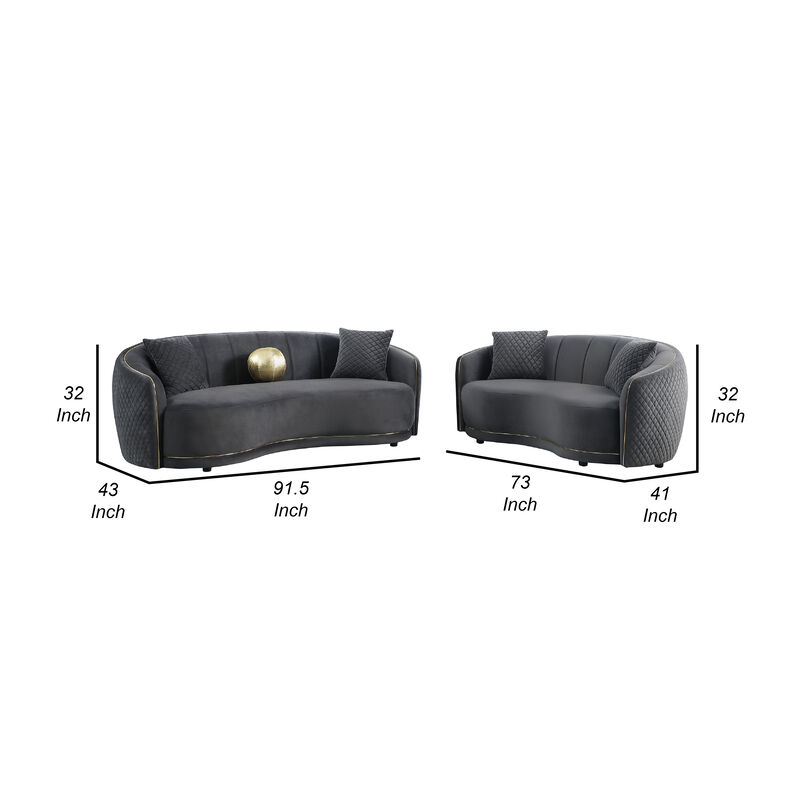 Buo 2pc Living Room Set, Sofa and Loveseat, Gold Trim, Dark Gray Velvet