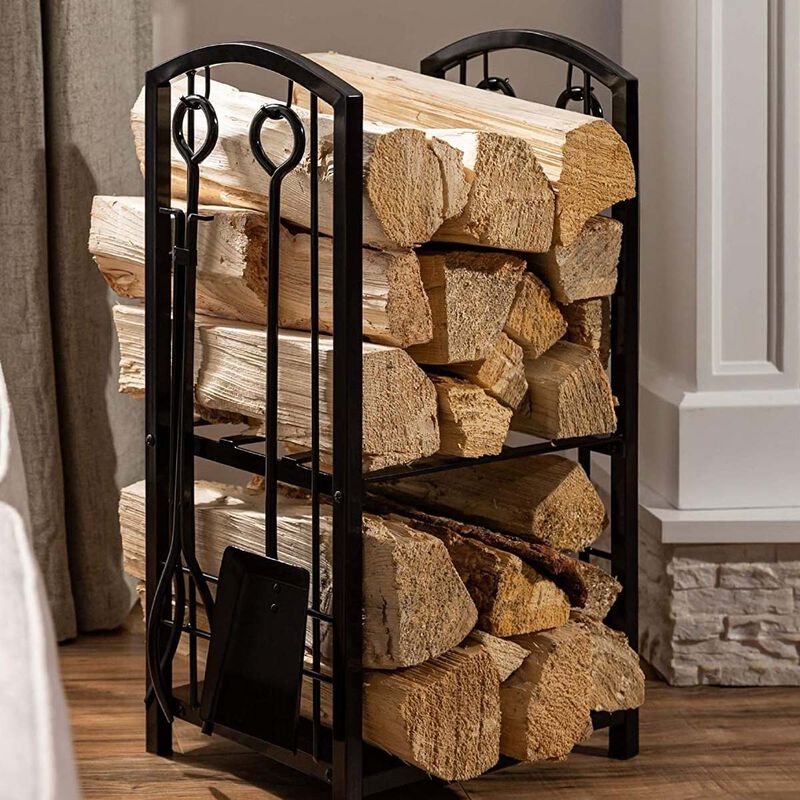 Classic 5-Piece Fireplace Log Holder & Tools &ndash; Vintage Design with Poker, Shovel, Tongs & Brush
