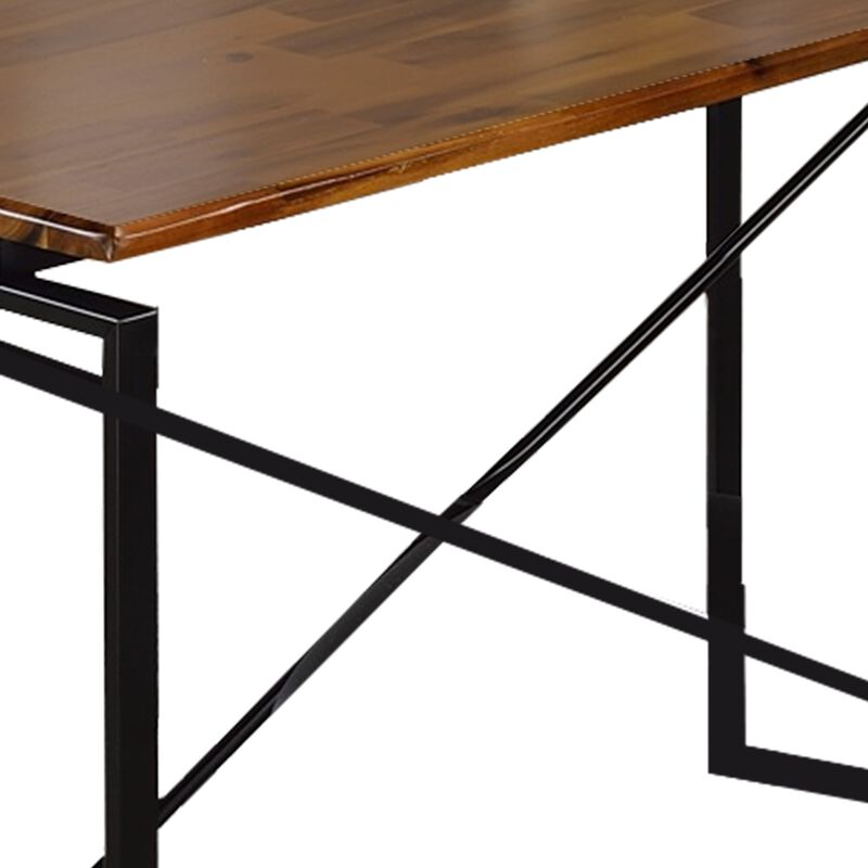 Rectangular Wooden Dining Table with X Shape Metal Base, Black and Brown-Benzara