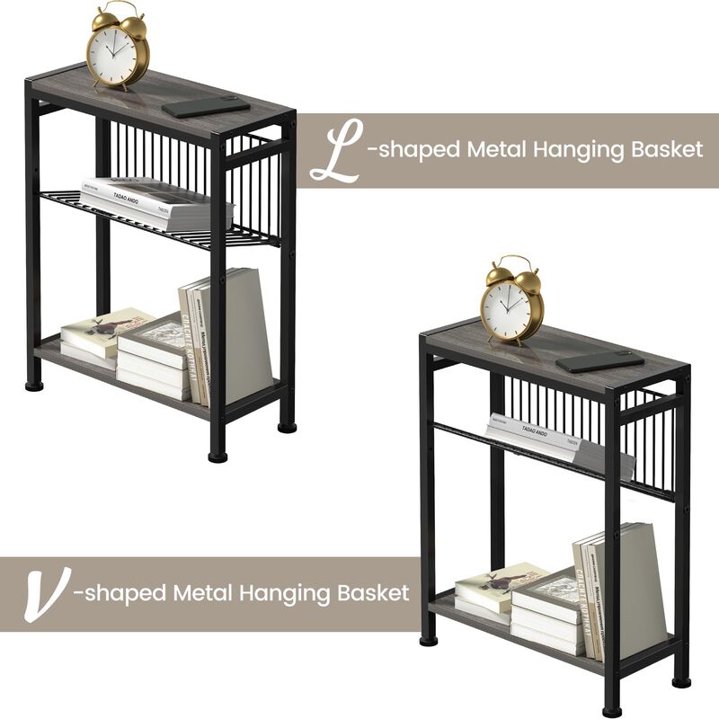 Small End Table for Small Space, 3-Tier Narrow Side Table with Magazine Holder,Small Nightstand, Skinny Snack Couch Table in Liv