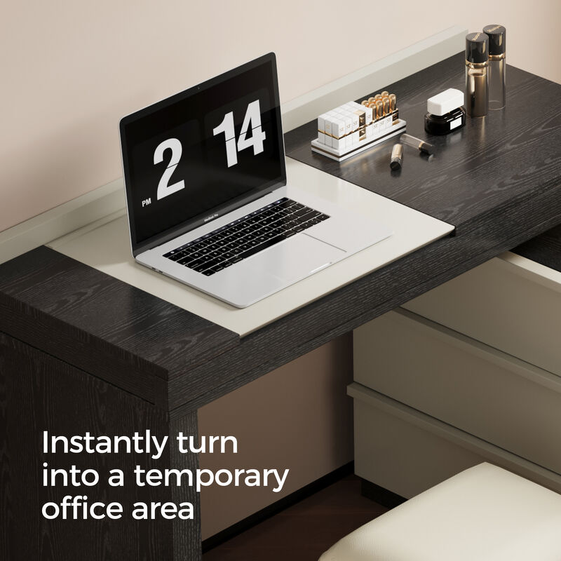 Adjustable L-Shaped Desk with Chair, 3 Drawers, Flippable Mirror & Storage Space for Writing & Vanity 47-70" Black & White