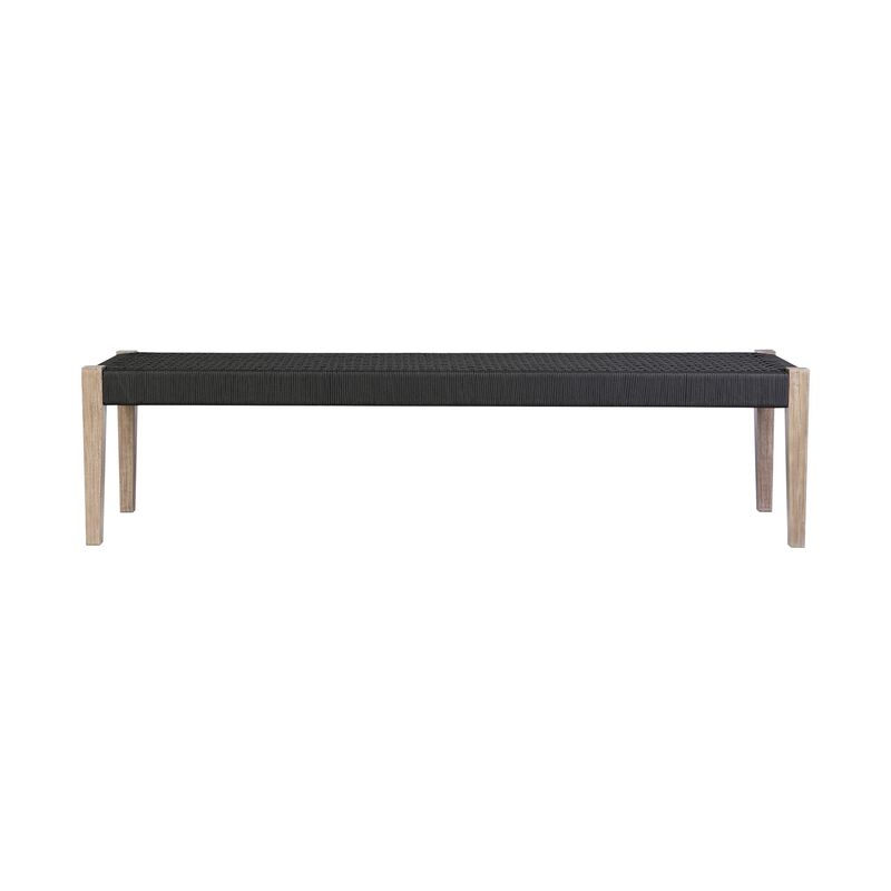 Nif 71 Inch Rectangular Dining Bench, Rope Woven Top, Tapered Legs, Black - Benzara
