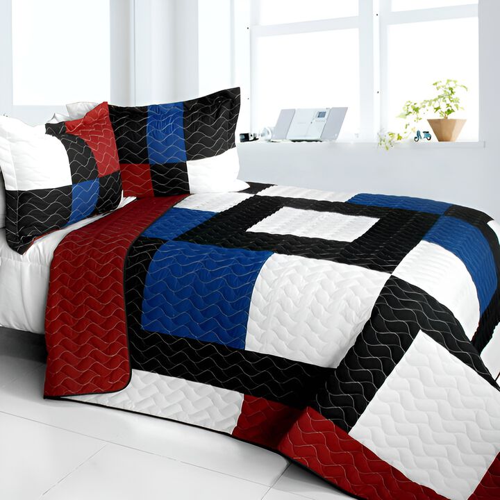 3 PC Queen Decorative Patchwork Quilt Set Vermicelli Quilted Soft Bed Cover Set