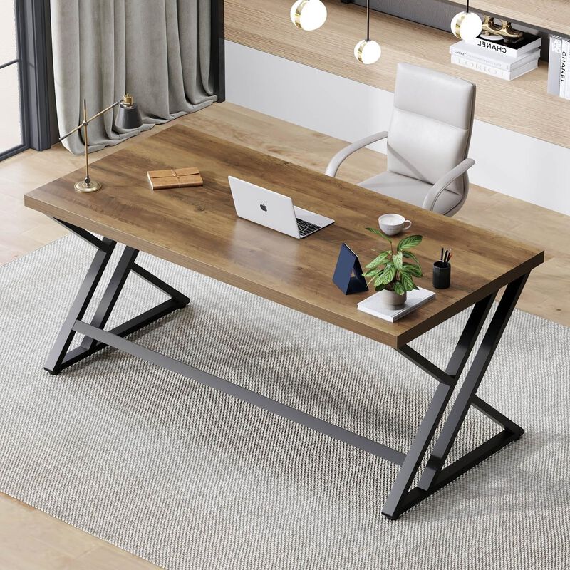 Top True Wood Computer Desk, Modern Writing Desk with Metal Legs for Home Office image number 6
