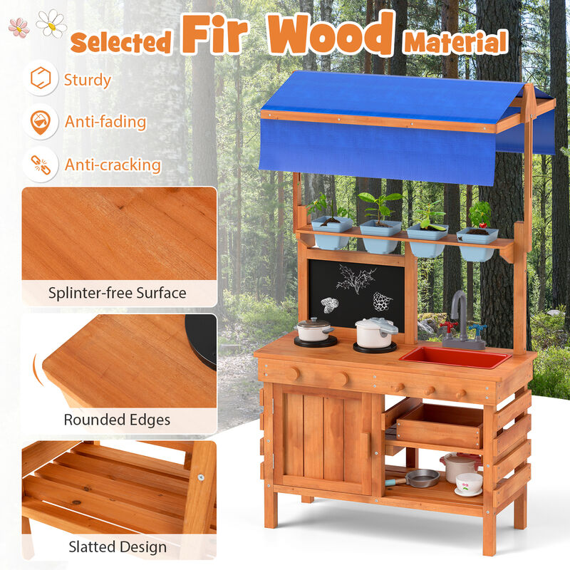 Kids Wooden Pretend Kitchen Play Set with Adjustable Canopy for Creative Play