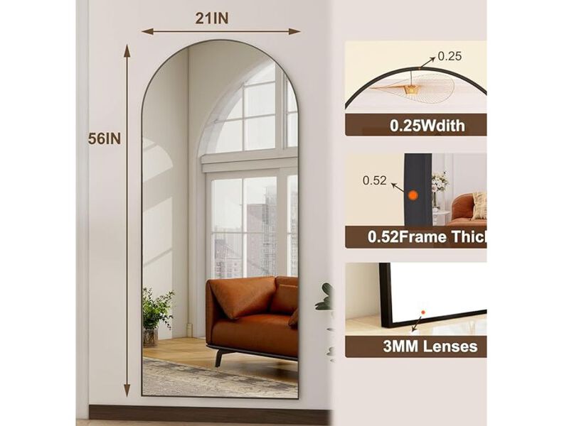 "56"x21"Arched Full Length Mirror  Black Aluminum Frame  Freestanding or Wall-Mounted for Bedroom & Dressing Room